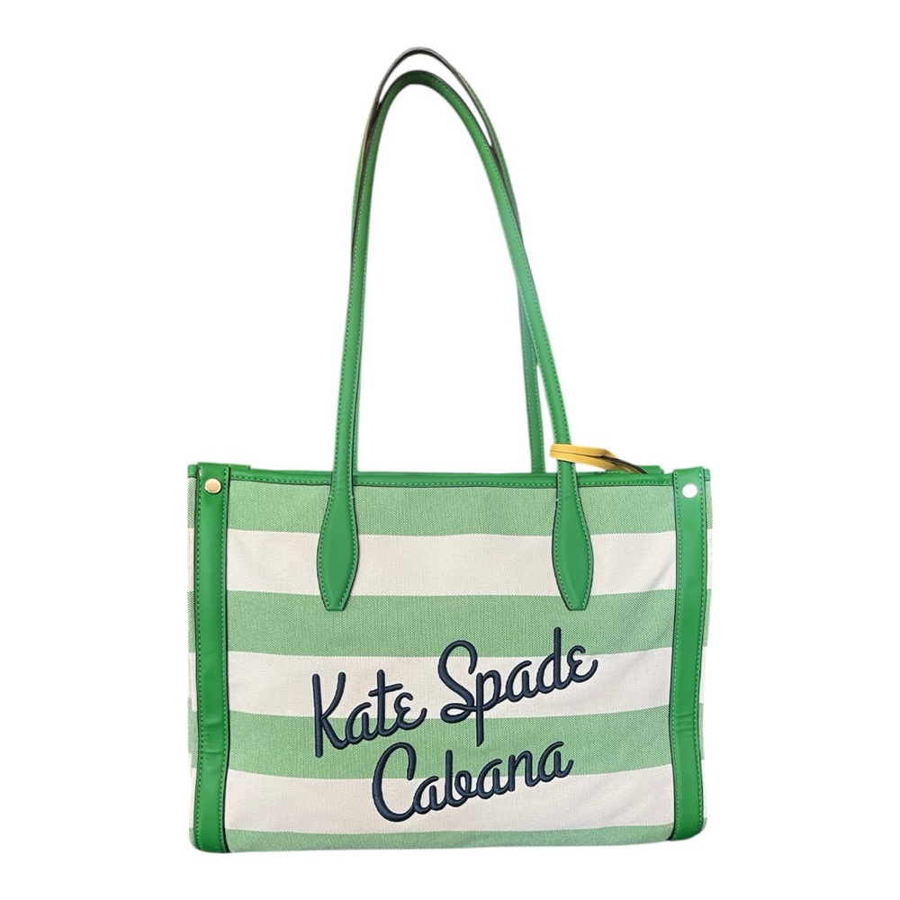 Kate Spade Cabana Bag - Green and White Tote with Branded Leather Bag Charm